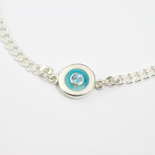 Silver Blue Topaz En Soleil Medium Shiny Curb Bracelet