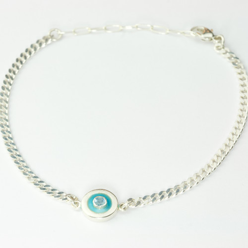 Silver Blue Topaz En Soleil Medium Shiny Curb Bracelet