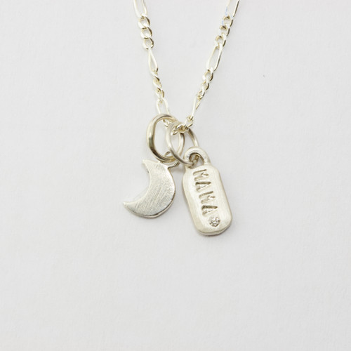 Silver MAMA Itty Bitty Bar Diamond Itty Bitty Moon Dainty Figaro Necklace