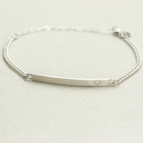SKINNY LONG BAR  BRACELET Sterling Silver with Offset Heart Stamp