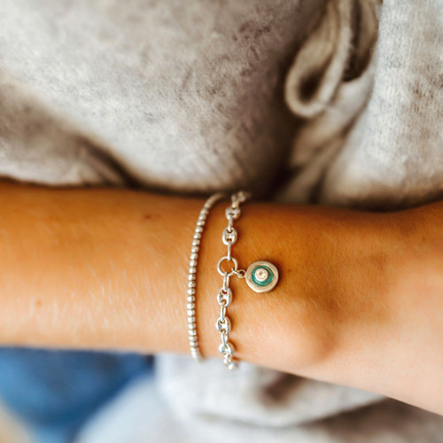 SMALL ENAMEL GEM DISC PUFFED MARINER BRACELET Sterling Silver, Moonstone and Teal