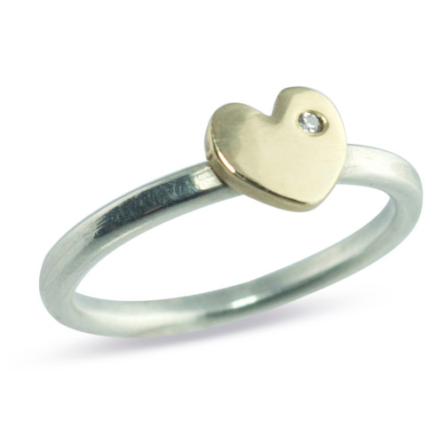 Stackable Heart Ring Silver Band With 14kt Yellow Gold Heart with a diamond Stackable Heart Ring Silver Band With 14kt Yellow Gold Heart with a diamond