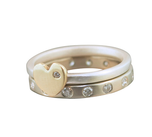 Stackable Heart Ring Silver Band With 14kt Yellow Gold Heart with a diamond