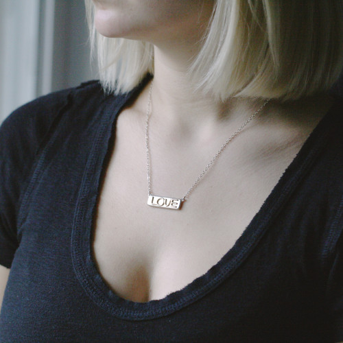 Mixed Metal Raised Gold LOVE Bar Curb Chain Necklace