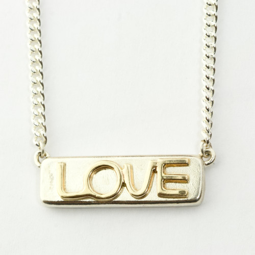 Mixed Metal Raised Gold LOVE Bar Curb Chain Necklace