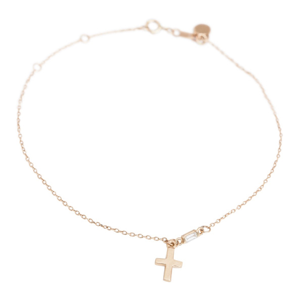 Baguette Diamond Bracelet or Anklet with Itty Bitty Cross Dangle 14kt Gold