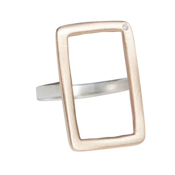 Open Rectangle Ring 14kt Gold Centerpiece Silver Band