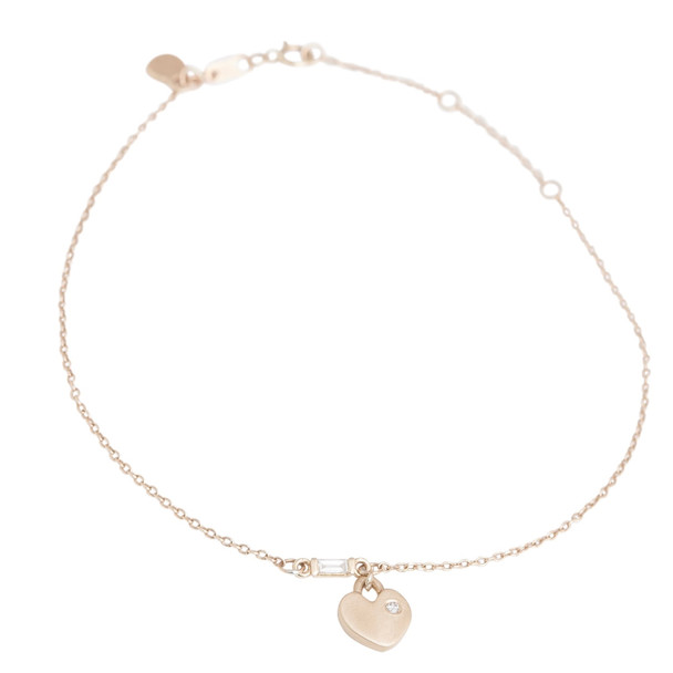 Baguette Diamond Bracelet or Anklet with Itty Bitty Diamond Heart Dangle 14kt Gold