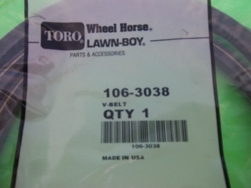 Toro BELT-V  106-3038
SUPERSESSION 133-9591
Where Used: Part Number 106-3038
Model Name Diagram
78496, 44" Finishing Kit, Z100 Twin Soft Bagger 44IN FINISHING
ASSEMBLY
78497, 52" Finishing Kit, Z100 Twin Soft Bagger 52IN FINISHING
ASSEMBLY
78501, 52in TURBO FORCE Mower Finishing Kit, Z400 and Z500 Twin Soft Bagger 52IN FINISHING KIT
ASSEMBLY
78502, 60in TURBO FORCE Mower Finishing Kit, Z500 Triple Soft Bagger 60 INCH TRIPLE BAGGER
FINISHING ASSEMBLY
78503, 52" SFS Mower Finishing Kit, Z200 Twin Soft Bagger 52IN FINISHING KIT
ASSEMBLY
78504, 72in TURBO FORCE Mower Finishing Kit, Z500 Triple Soft Bagger MOWER FINISHING KIT
ASSEMBLY
78508, 44in Finishing Kit, Z100 and Z400 Twin Soft Bagger 44IN FINISHING KIT
ASSEMBLY
78509, 52" Finishing Kit, Z100 Twin Soft Bagger 52IN FINISHING KIT
ASSEMBLY
78511, 48in Finishing Kit, Z400 Twin Soft Bagger FINISHING KIT
ASSEMBLY
78512, 52in TURBO FORCE Mower Finishing Kit, Z400 and Z500 Twin Soft Bagger FINISHING KIT
ASSEMBLY