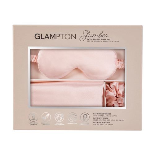 Glampton Slumber Satin Beauty Sleep Set, Peach, 3-Piece Set with Pillowcase, Eye Mask, and Scrunchie
