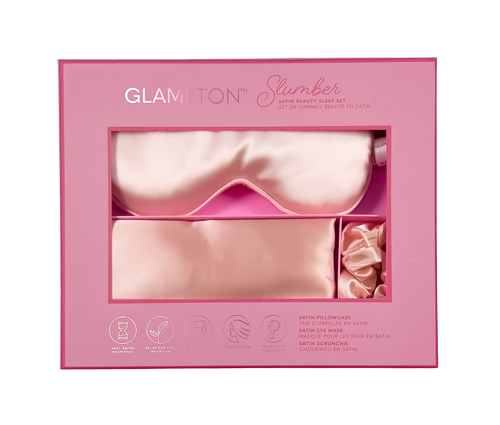 Glampton Slumber Satin Beauty Sleep Set, Peach, 3-Piece Set with Pillowcase, Eye Mask, and Scrunchie Glampton Slumber Satin Beauty Sleep Set, Peach, 3-Piece Set with Pillowcase, Eye Mask, and Scrunchie