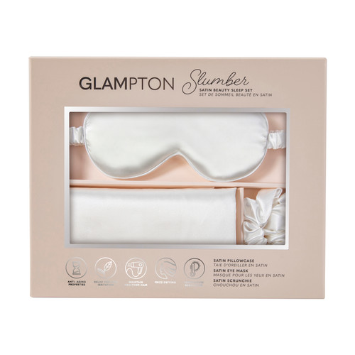 Glampton Slumber Satin Beauty Sleep Set, White, 3-Piece Set with Pillowcase, Eye Mask, and Scrunchie