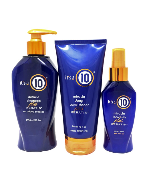 It's A 10 Miracle Shampoo Plus Keratin 10 Oz, Deep Conditioner Plus Keratin 5 Oz & Leave-In Conditioner Plus Keratin 4 Oz Bundle.