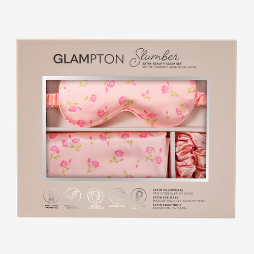 Glampton Slumber Satin Beauty Sleep Set, Floral, 3-Piece Set with Pillowcase, Eye Mask, and Scrunchie