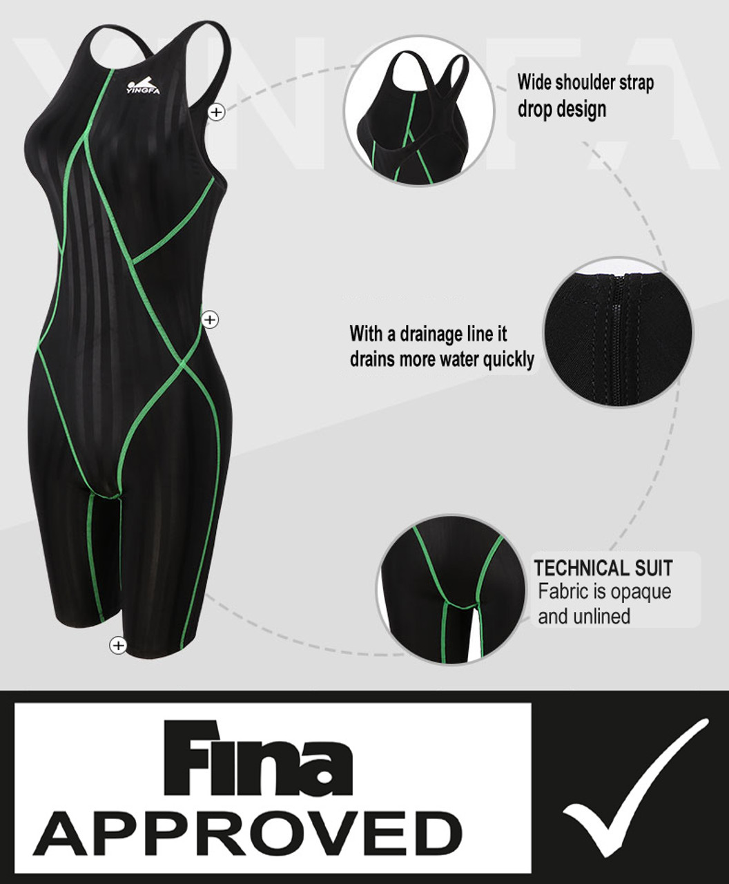 937-2 BLACK/GREEN STRIPS WOMEN'S SHARK-SKIN KNEESKIN TECHNICAL SWIMSUIT -  Fina Approved