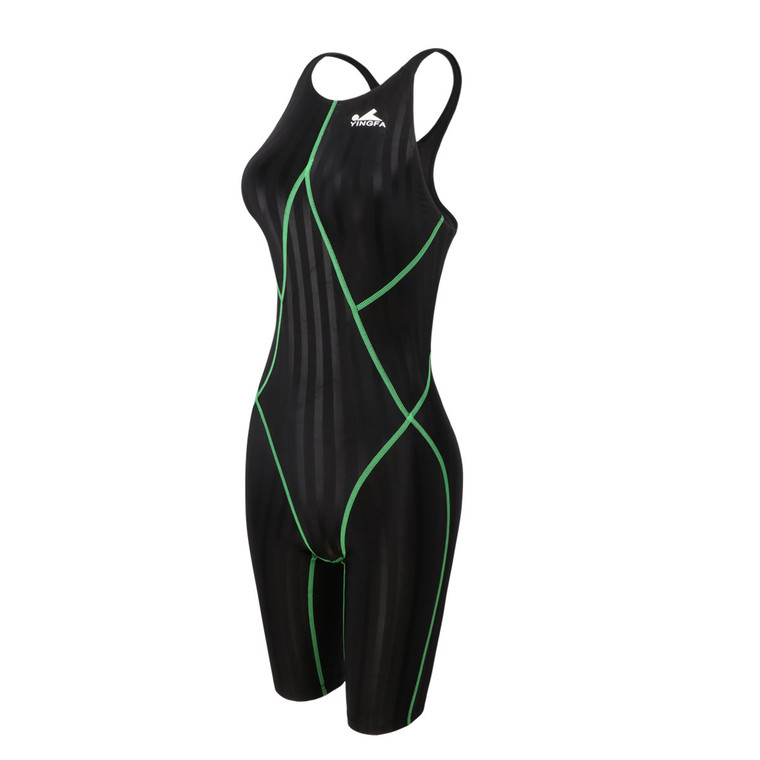 937-2 BLACK/GREEN STRIPS WOMEN'S SHARK-SKIN KNEESKIN TECHNICAL SWIMSUIT - Fina Approved