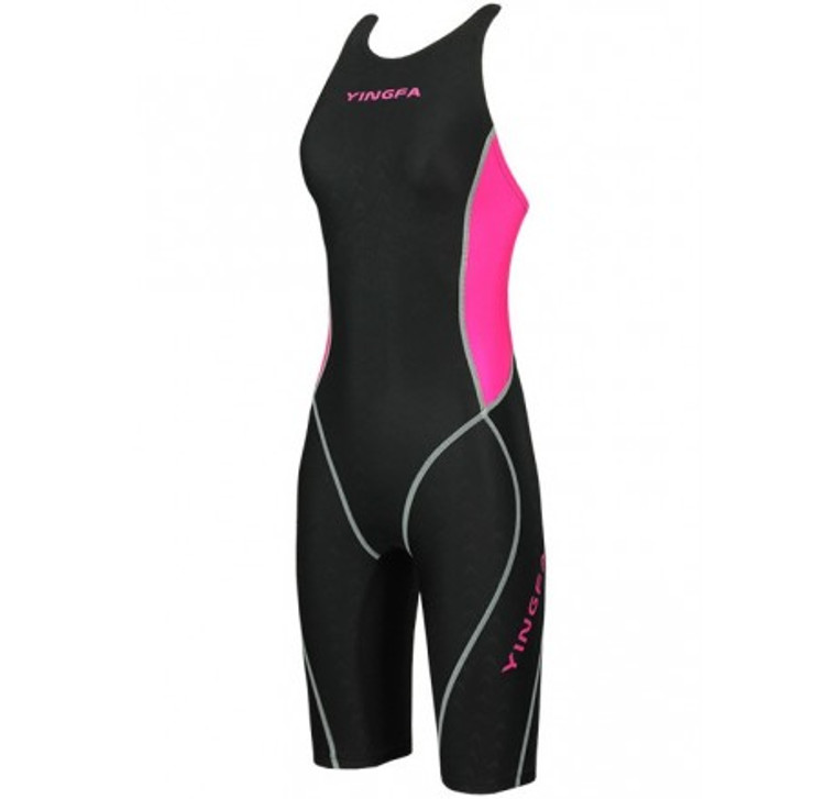 YINGFA YFW953-1 WOMEN'S SHARK SCALE KNEESKIN TECHNICAL SWIMSUIT - BLACK/PINK