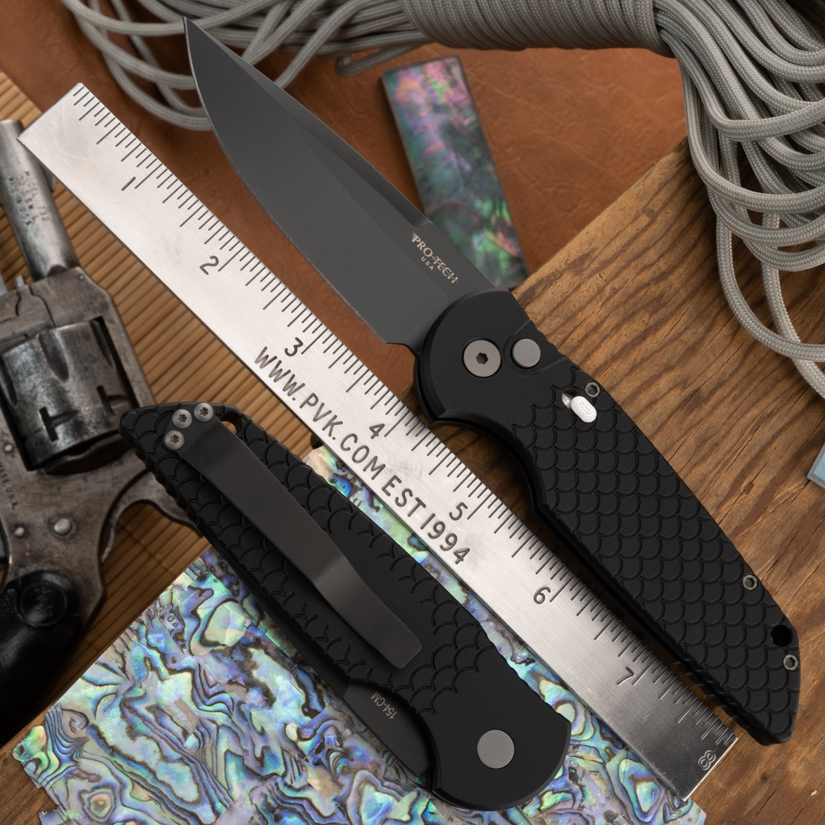 Protech TR-3 X1 M Black Blade , Black Fish Scale Handle w/ Safety
