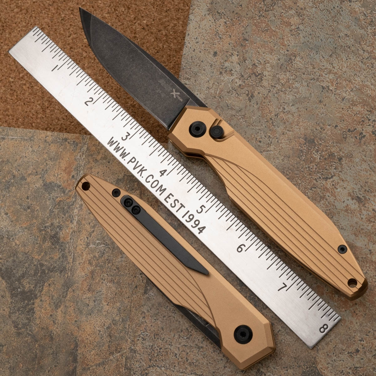 AKC X-treme Dandy Automatic Knife - Tan Handle Blackwashed Blade - PVK