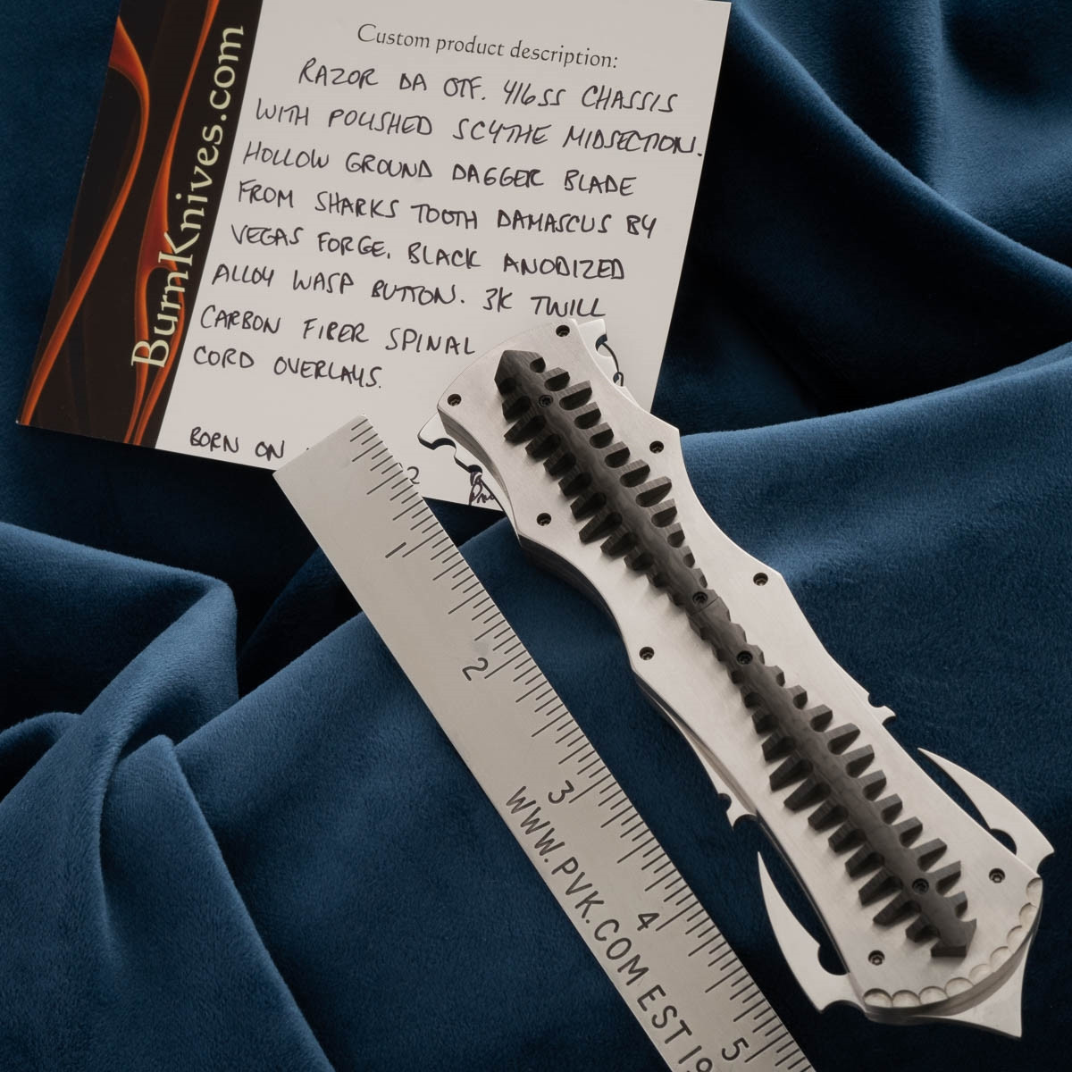 BURN Custom OTF Razor Scythe D/A Sharks Tooth Damascus D/E, 416 SS