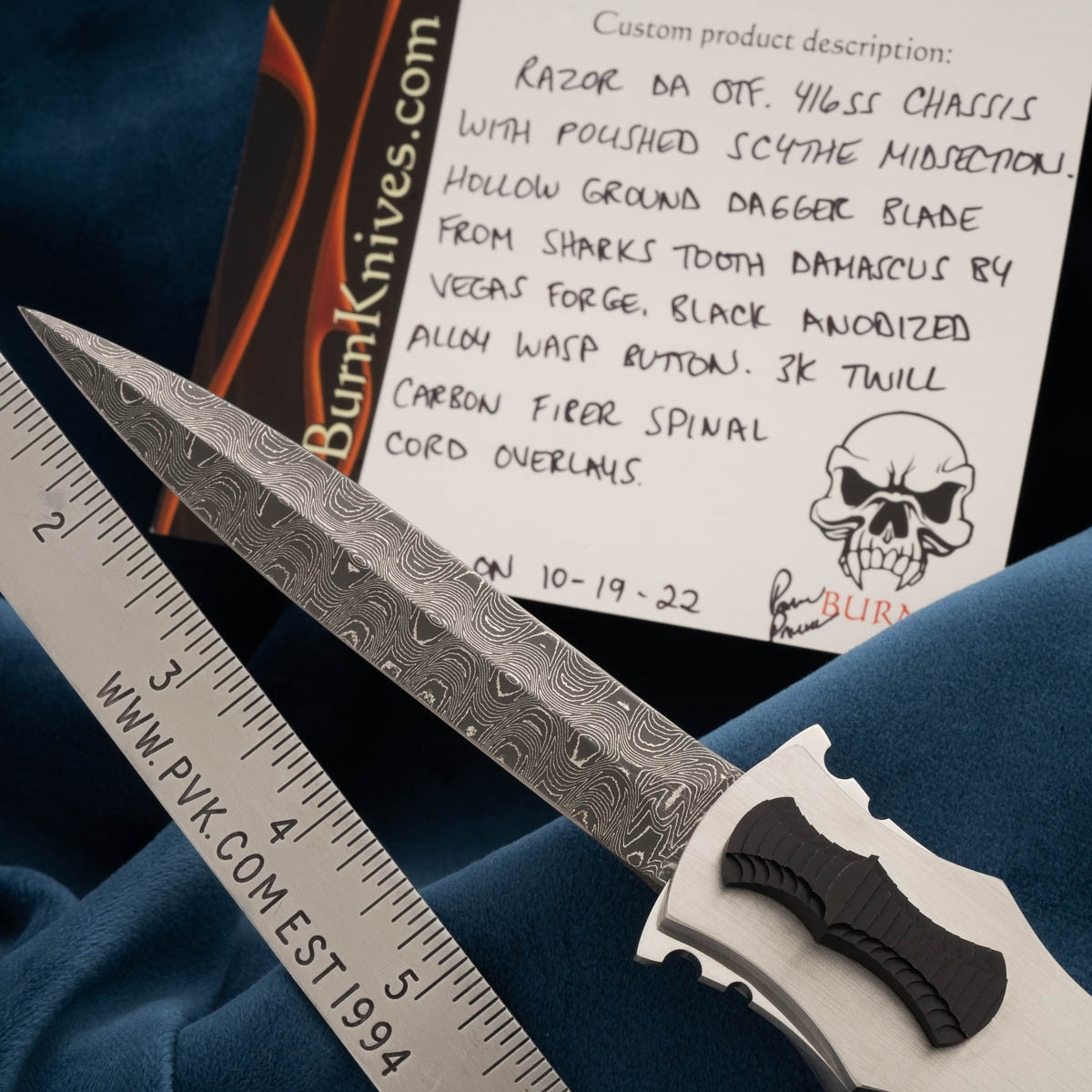 BURN Custom OTF Razor Scythe D/A Sharks Tooth Damascus D/E, 416 SS