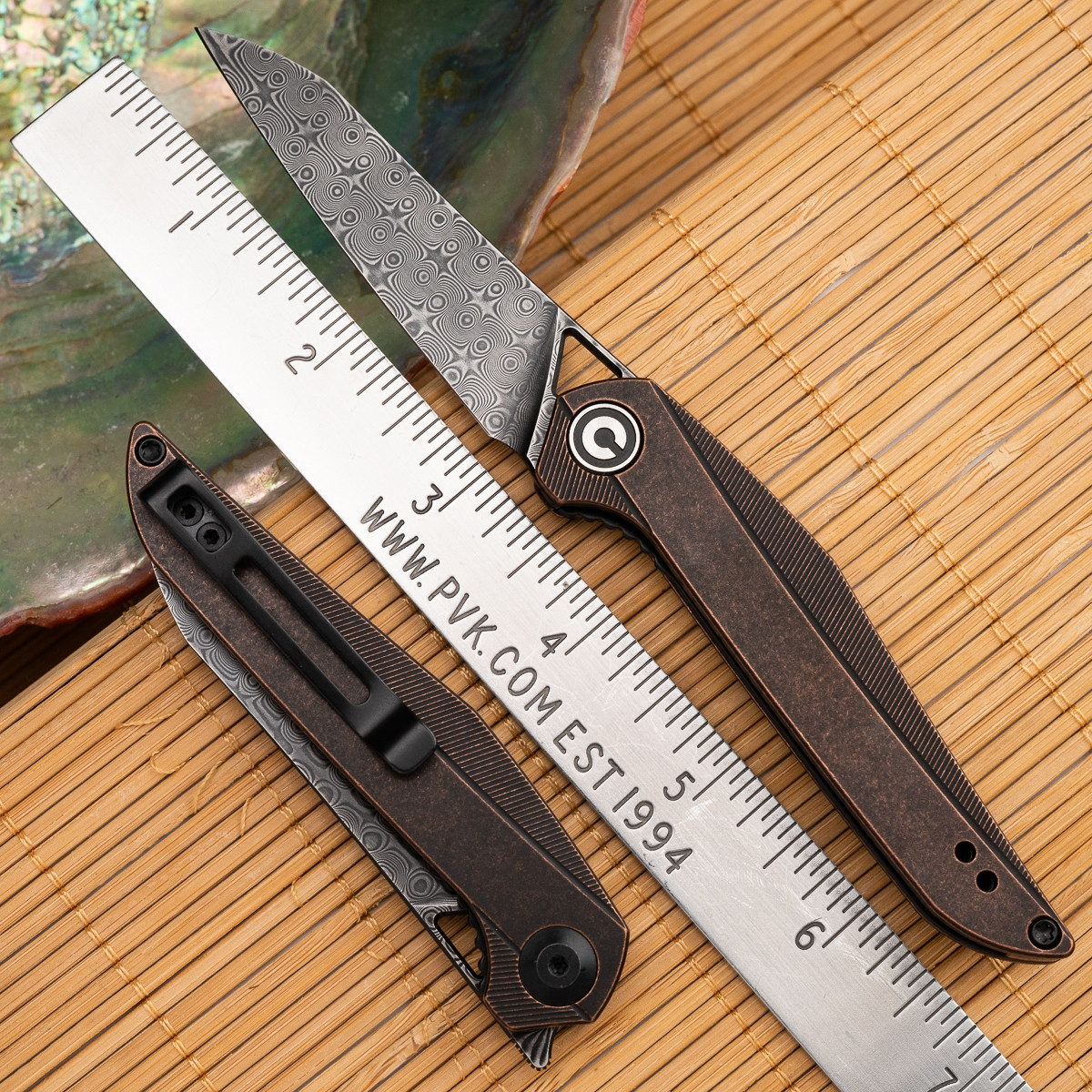 CIVIVI Isham McKenna Front Flipper Knife Black Stonewash Copper Handle  2.92" Black Hand Rubbed Damascus Blade - C905DS-3 - PVK