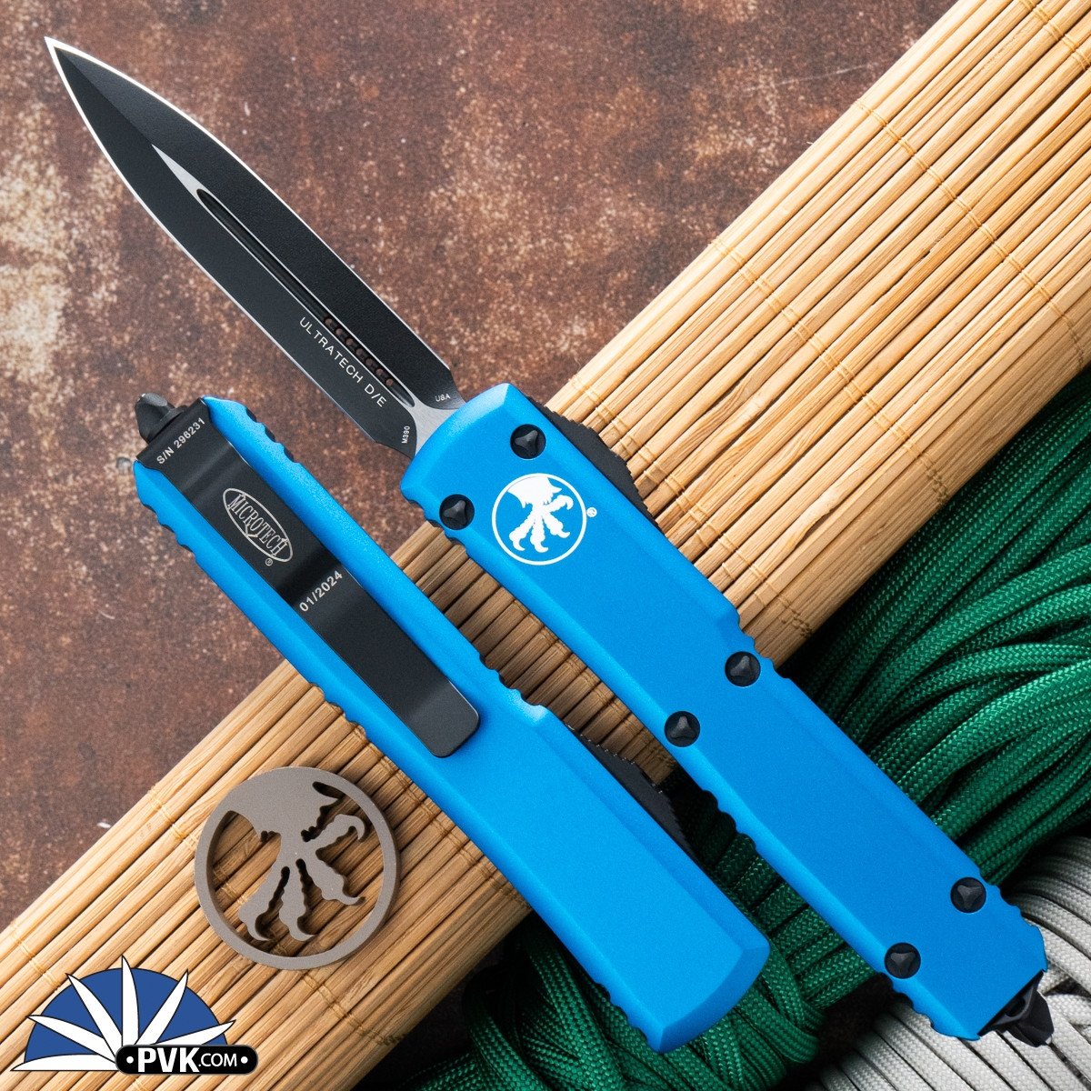 Microtech Ultratech 122-1BL Double Edge Black Blade, Blue Handle - PVK