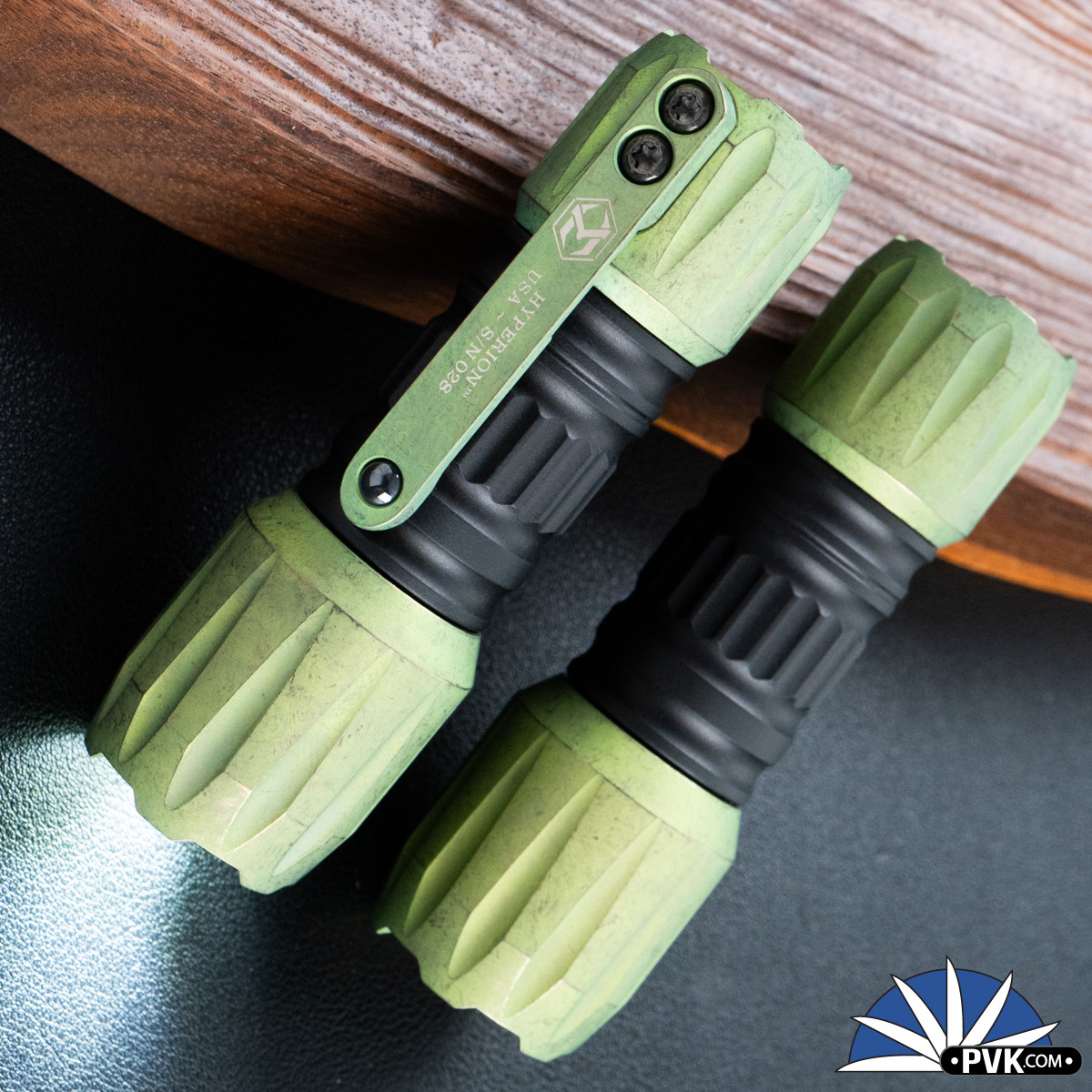 Heretic Knives Hyperion Flashlight, Antique Green Ti Green Turbo