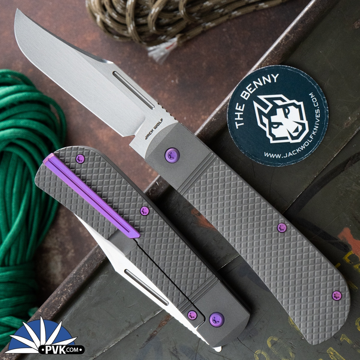 Jack Wolf Knives The Benny Hand Satin Blade, Cross Hatch Ti Handle