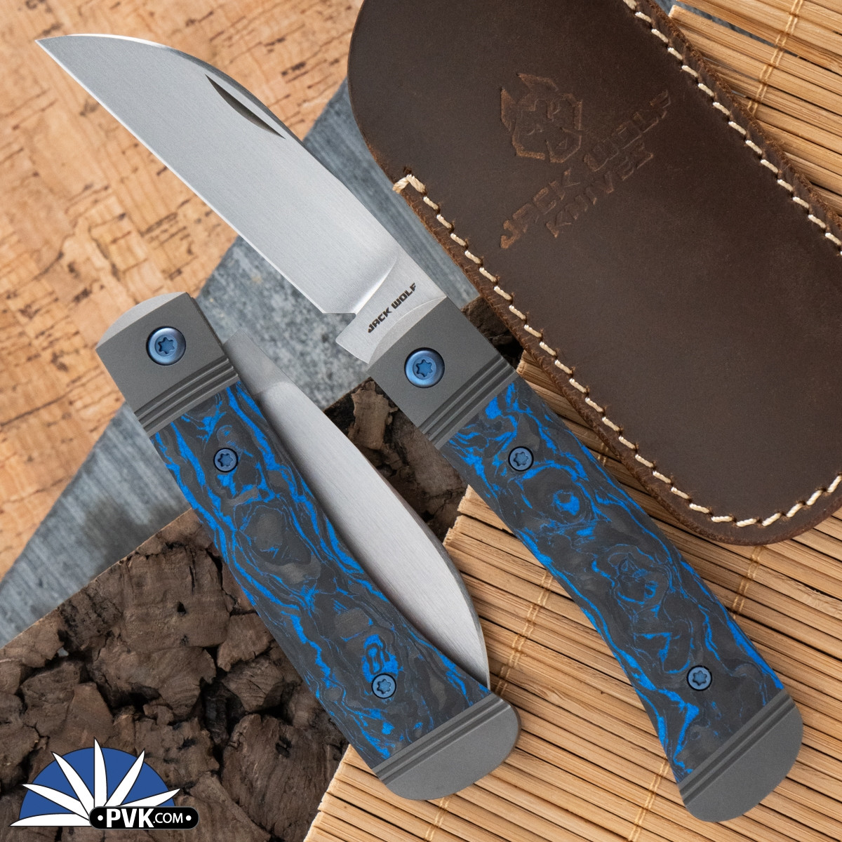 Jack Wolf Knives Venom Jack Hand Satin Blade, Blue Marble Carbon