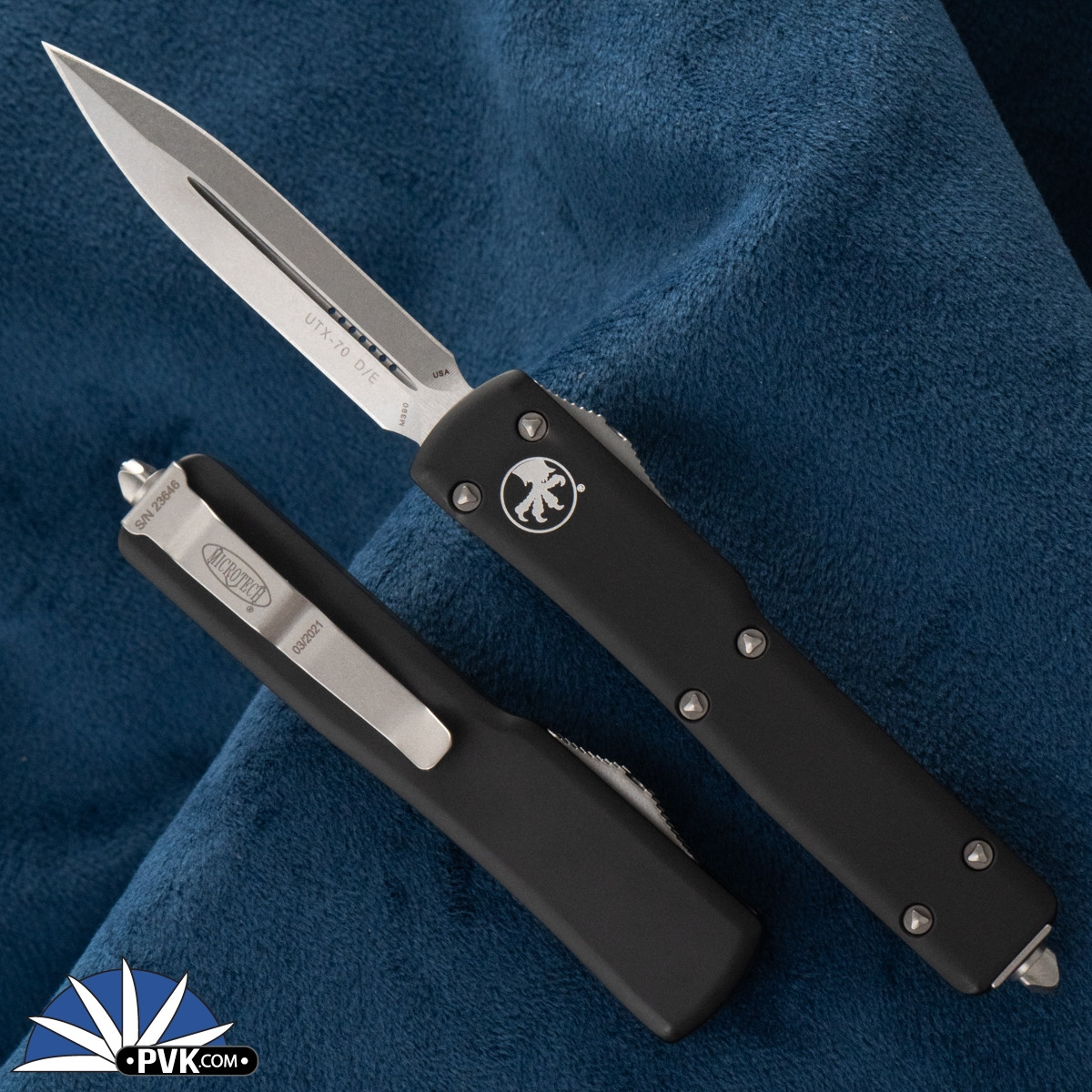 Microtech UTX-70 147-10 Double Edge Stonewash Blade, Black Handle