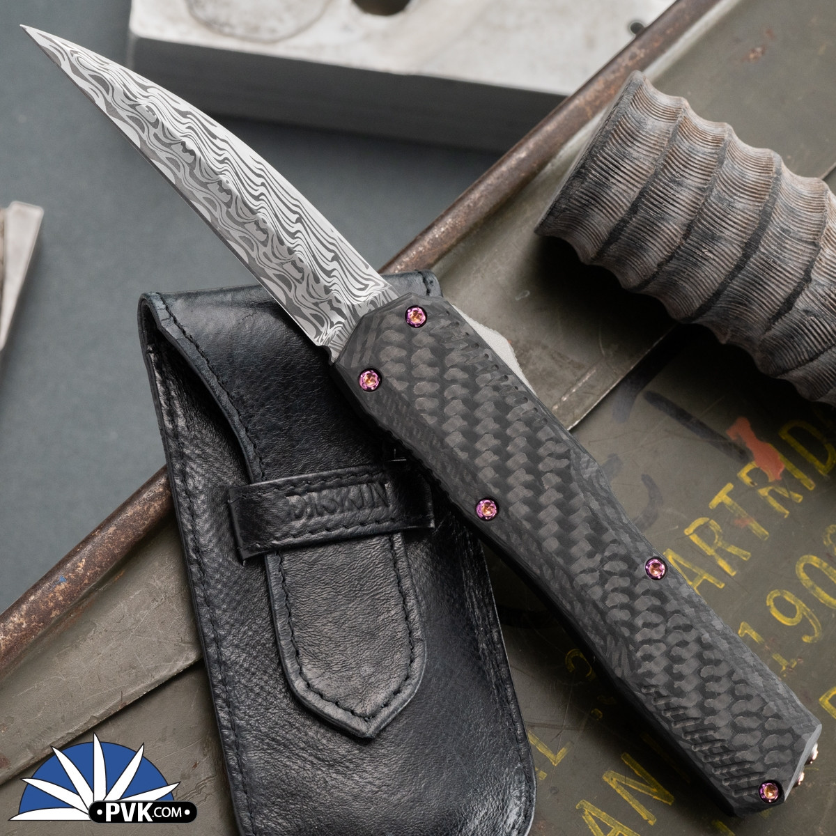Diskin Custom Kershaw Livewire, Damasteel Double Edge Wharncliffe