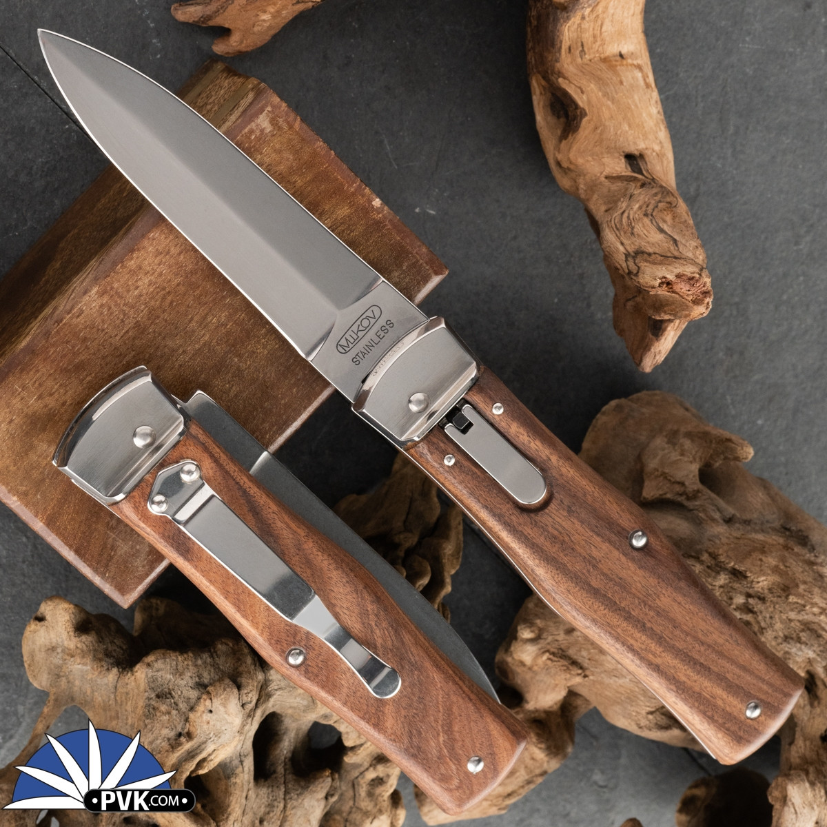 Mikov Predator 241 Leverlock Auto Dagger Wood W/Pocket Clip - PVK