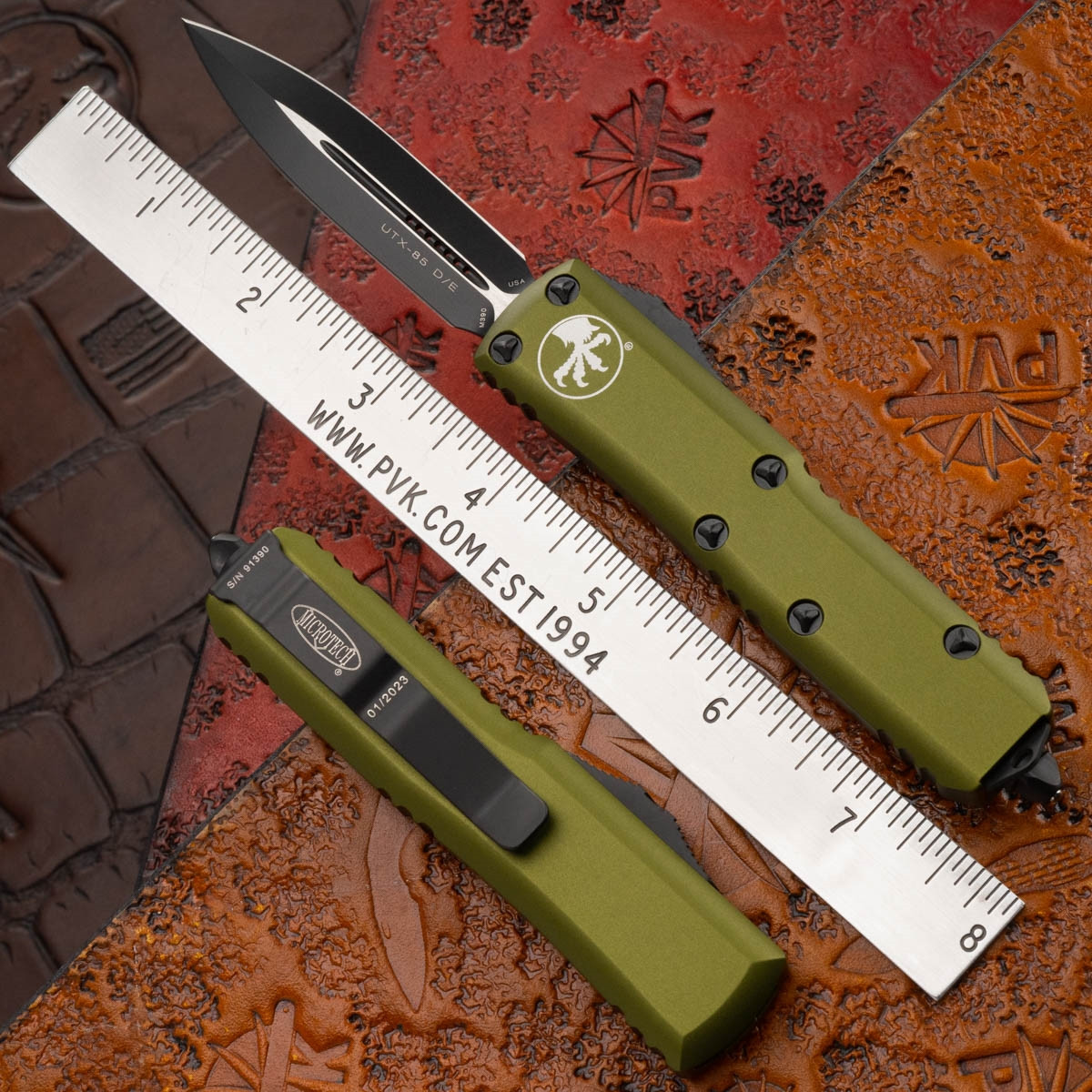 Microtech UTX-85 232-1OD Double Edge Black Blade, OD Green Handle