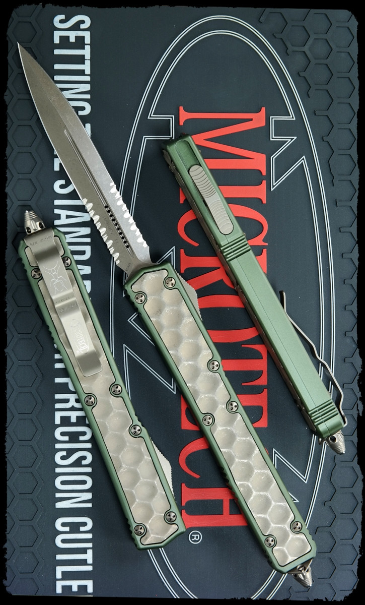 Microtech Makora II BRUT Bronze Apocalyptic Serrated Edge Green Handles ...