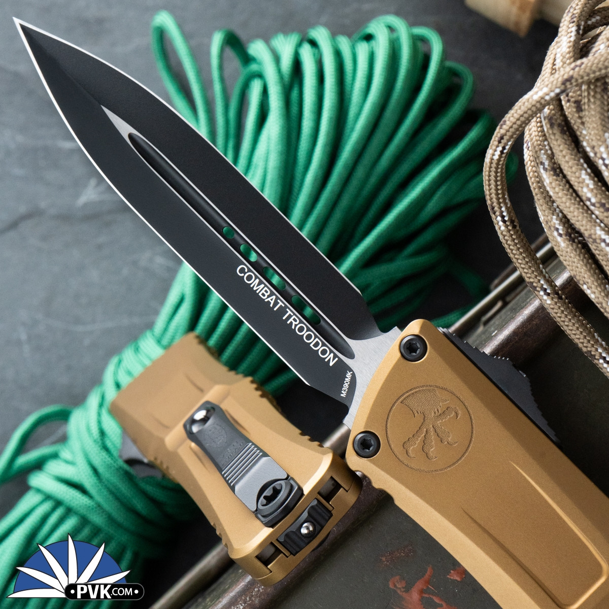 Microtech Combat Troodon Gen 3 1142-1TA Double Edge Black Blade, Tan ...