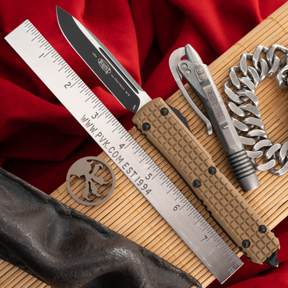 Microtech Ultratech 121-1FRGTTAS Single Edge Black Blade,Tan Frag