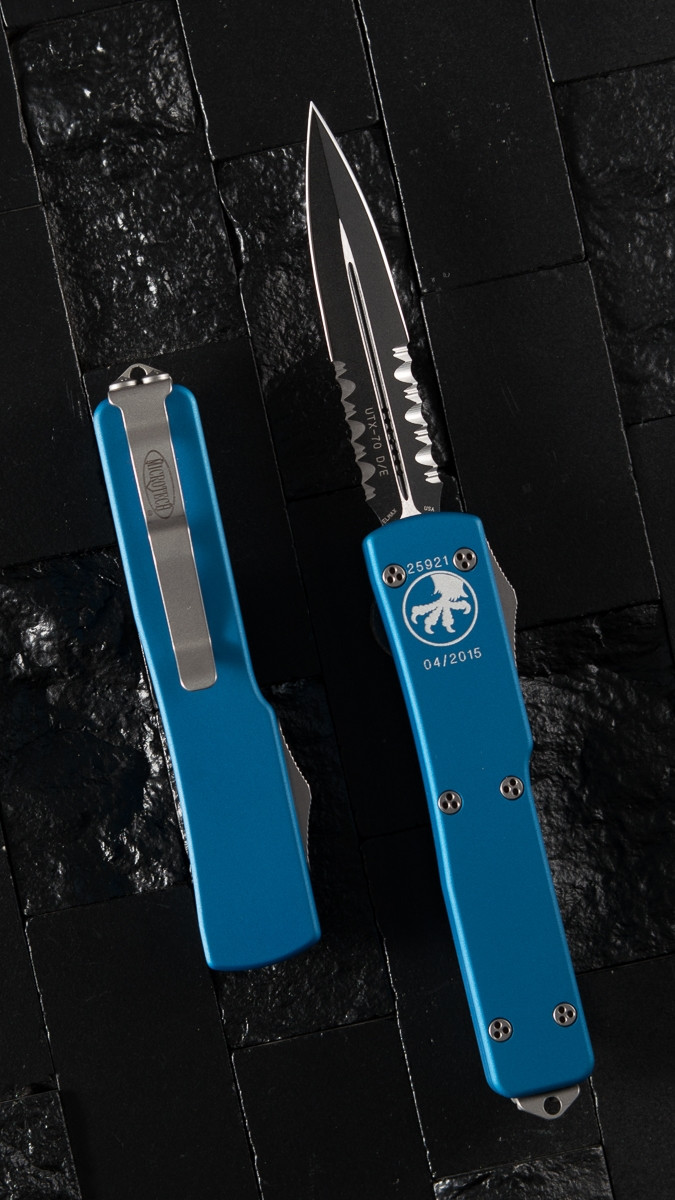 Microtech UTX-70 D/A OTF Black Serrated Double Edge Blue - PVK