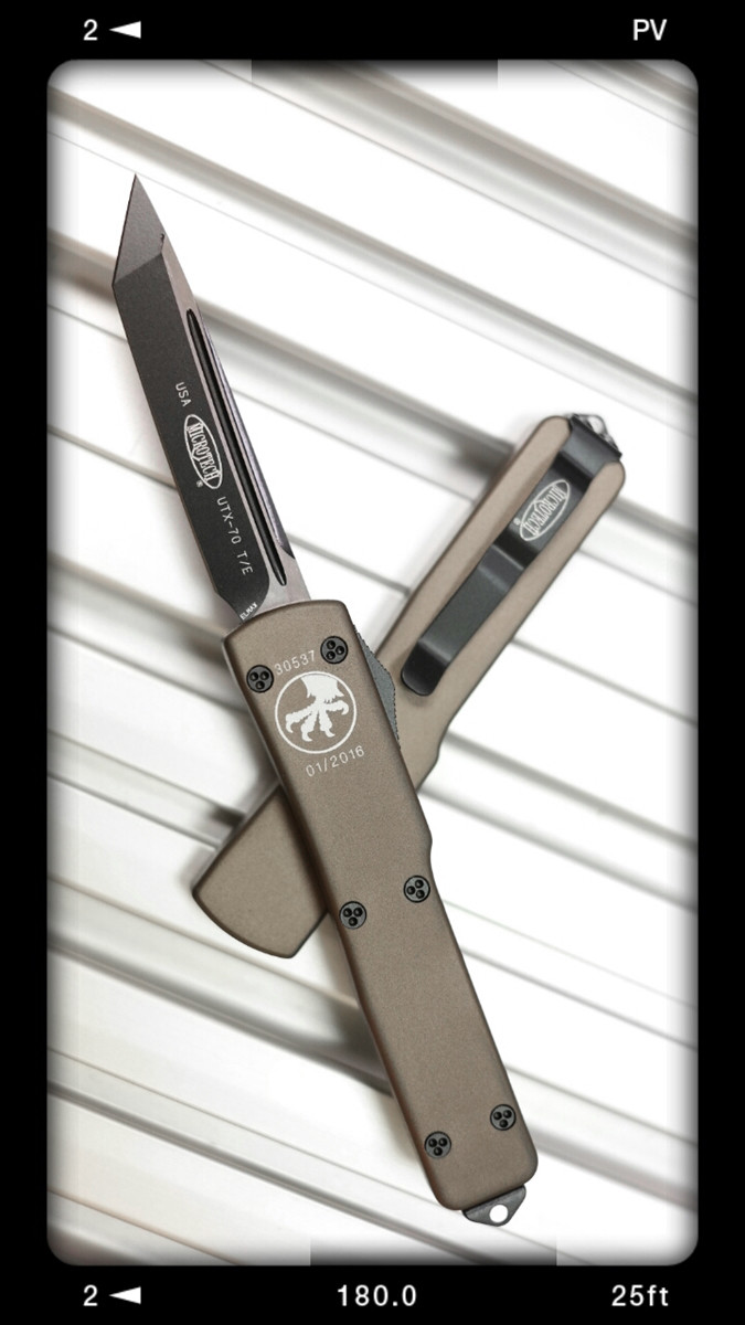 Microtech UTX-70 D/A OTF Tanto Black Finish Blade Tan Handle - PVK