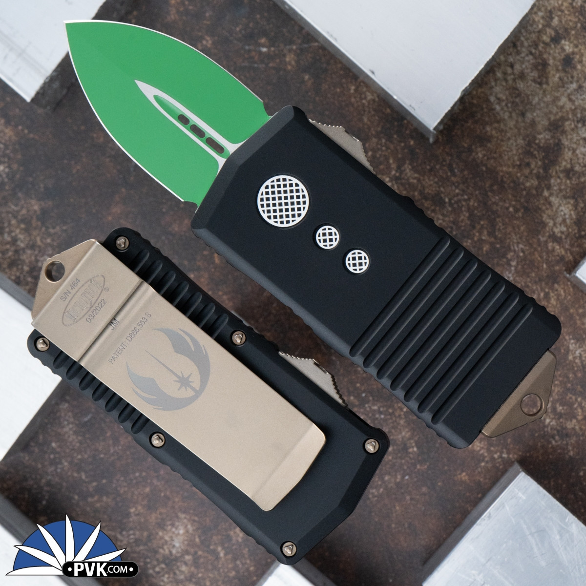 Microtech Exocet 157-1JM Double Edge Green Blade, Jedi Master