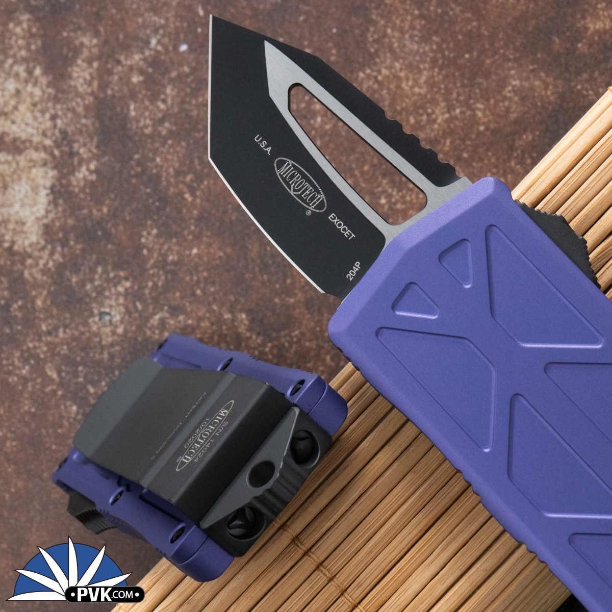 Microtech Exocet 158-1PU Tanto Black Blade, Purple Handle - PVK