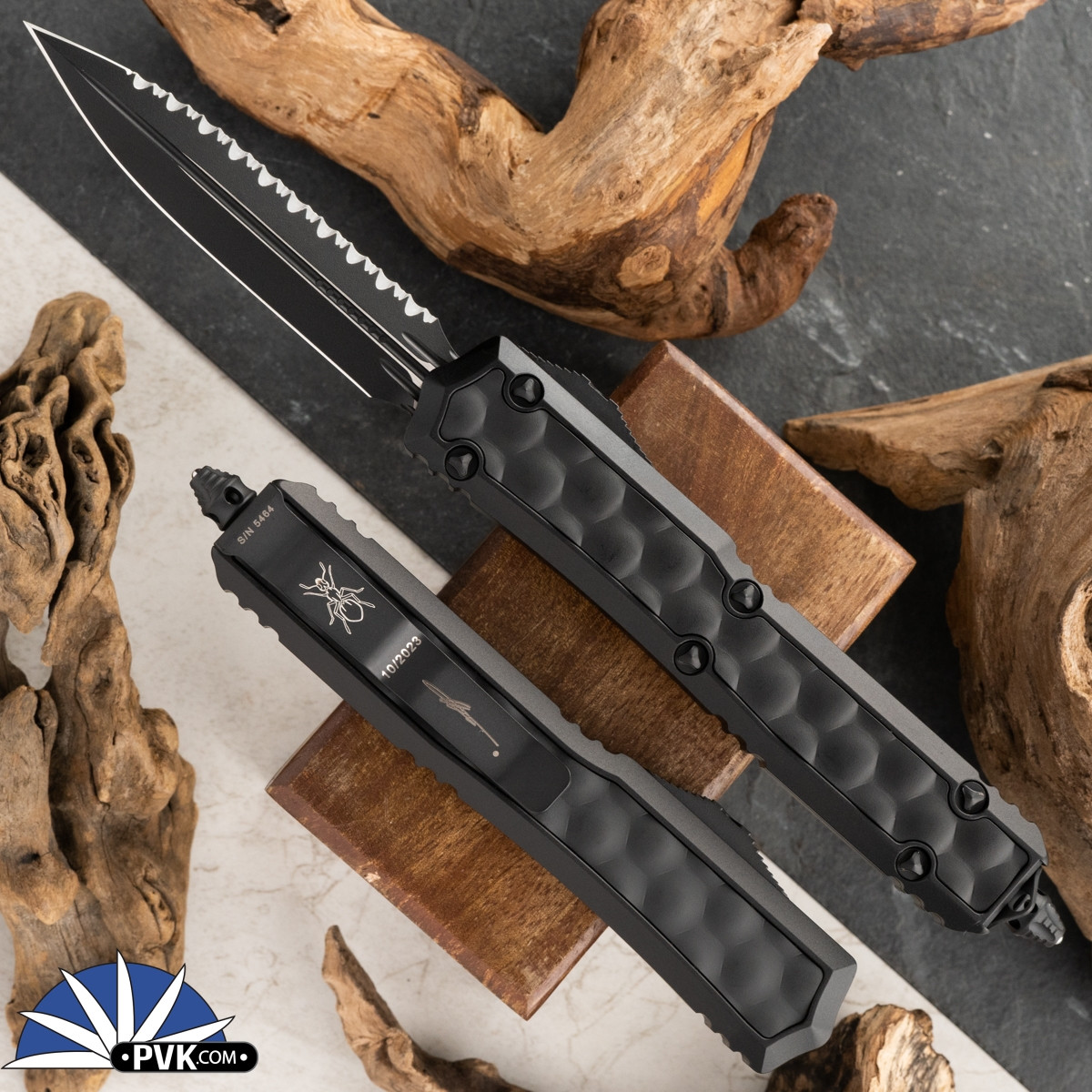 Microtech Makora 206-3TBIS Double Edge Black Full Serrated Blade, Black ...