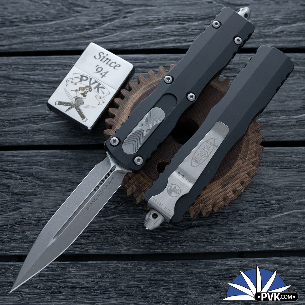 Microtech Dirac Delta 227-10AP Apocalyptic Blade, Black Handle - PVK