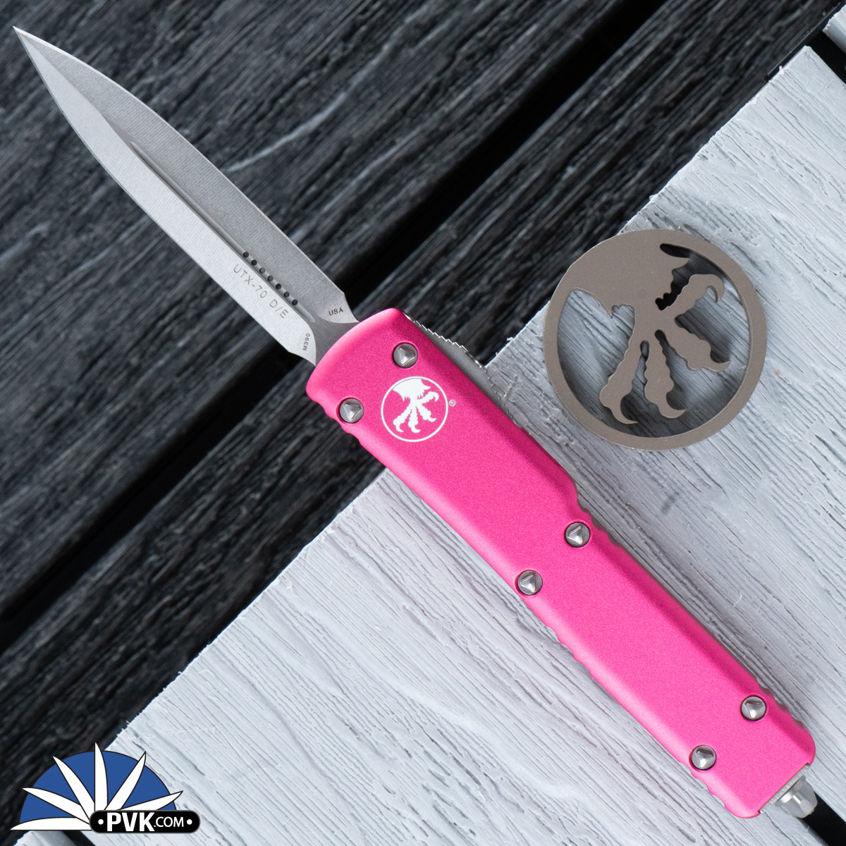 Microtech UTX-70 147-10PK Double Edge Stonewash Blade, Pink Handle