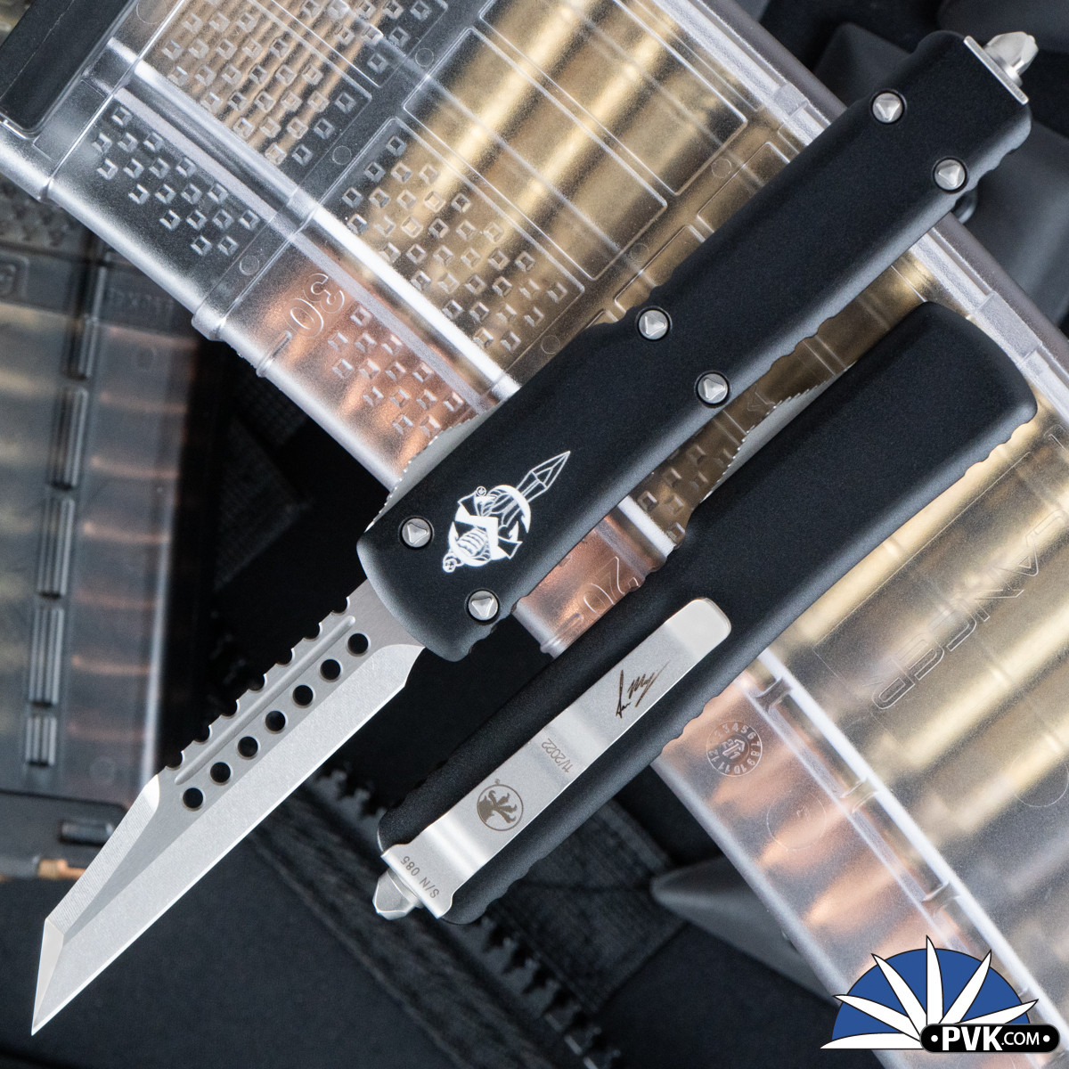 Microtech UTX-70 419W-10S Warhound Stonewash Blade, Black Handle