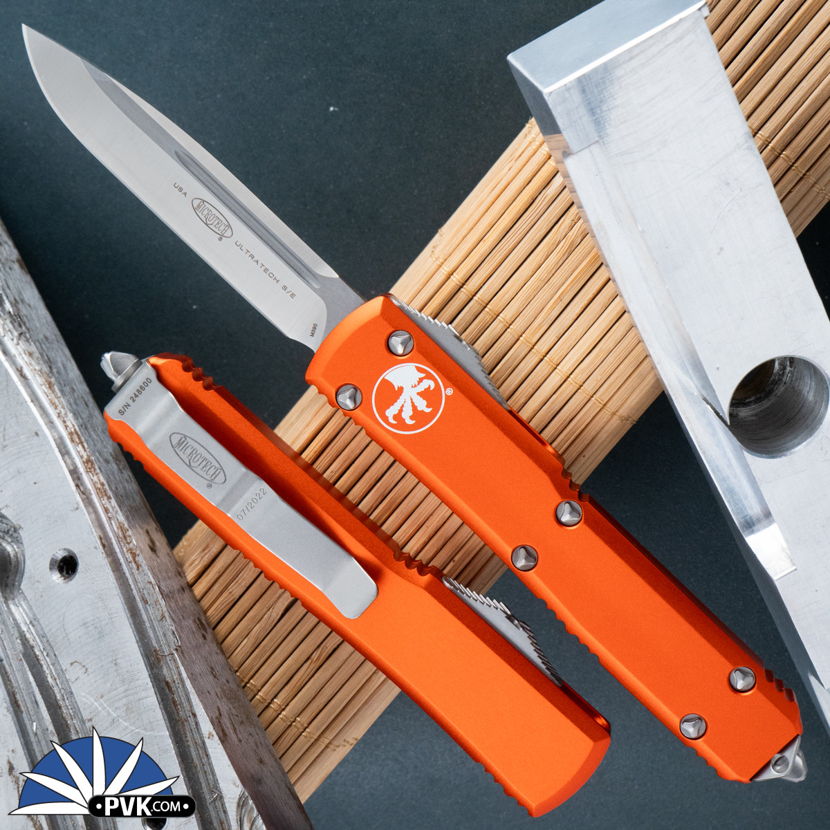 Microtech Ultratech 121-4OR Single Edge Satin Blade, Orange Handle