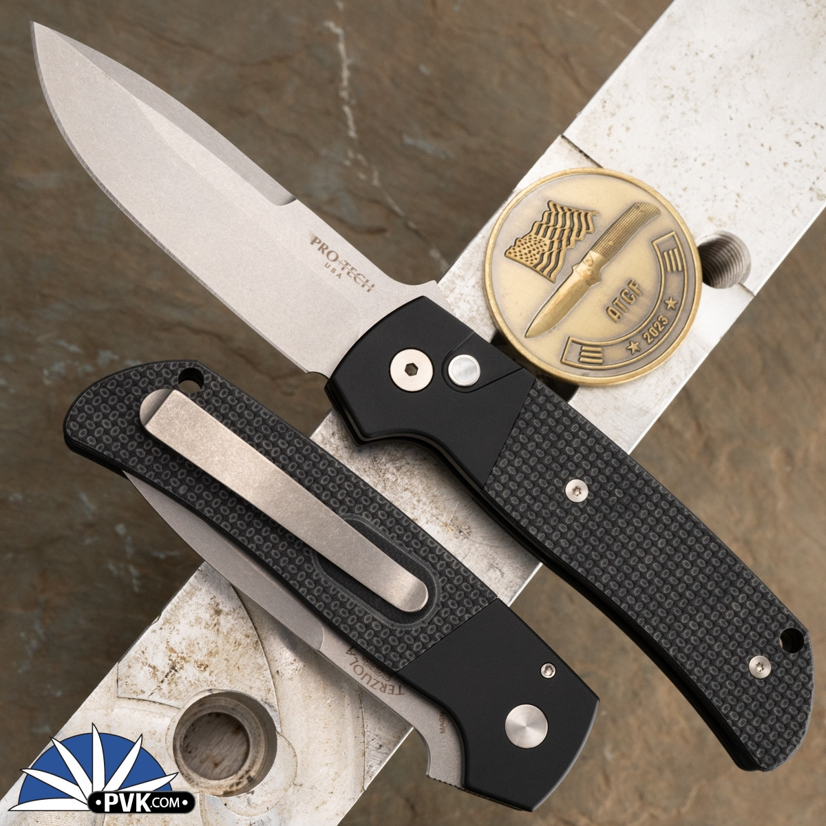 Protech Terzuola ATCF Auto Stonewashed, Black, Black Textured G10
