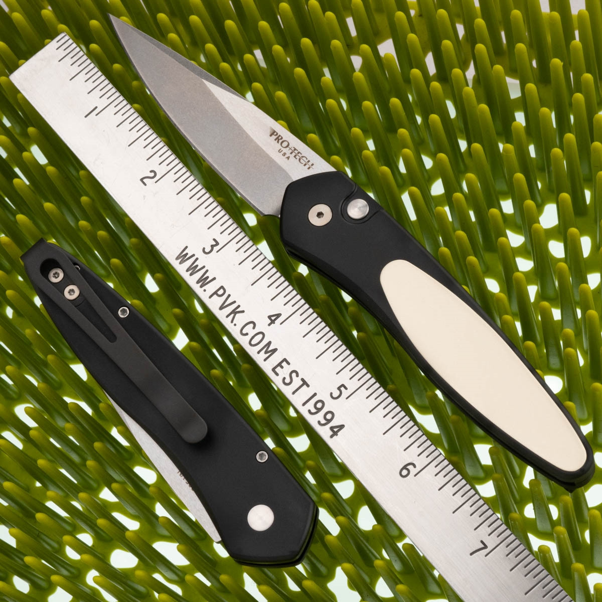 Protech Newport Auto 3451 Stonewash, Black, Micarta Inlay, Tuxedo