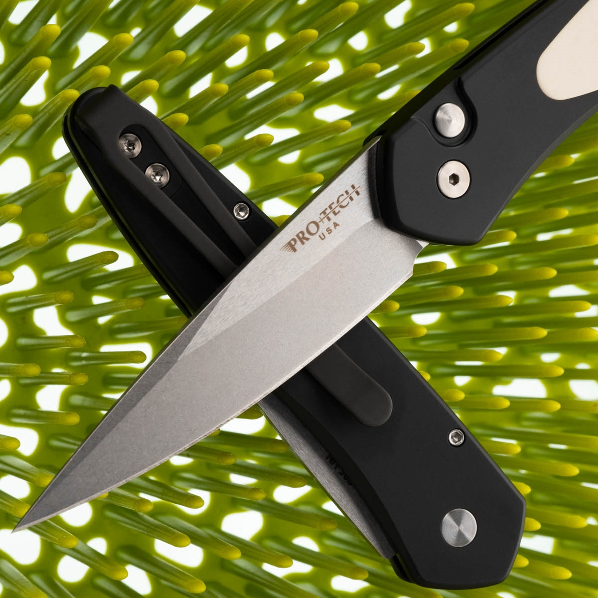 Protech Newport Auto 3451 Stonewash, Black, Micarta Inlay, Tuxedo