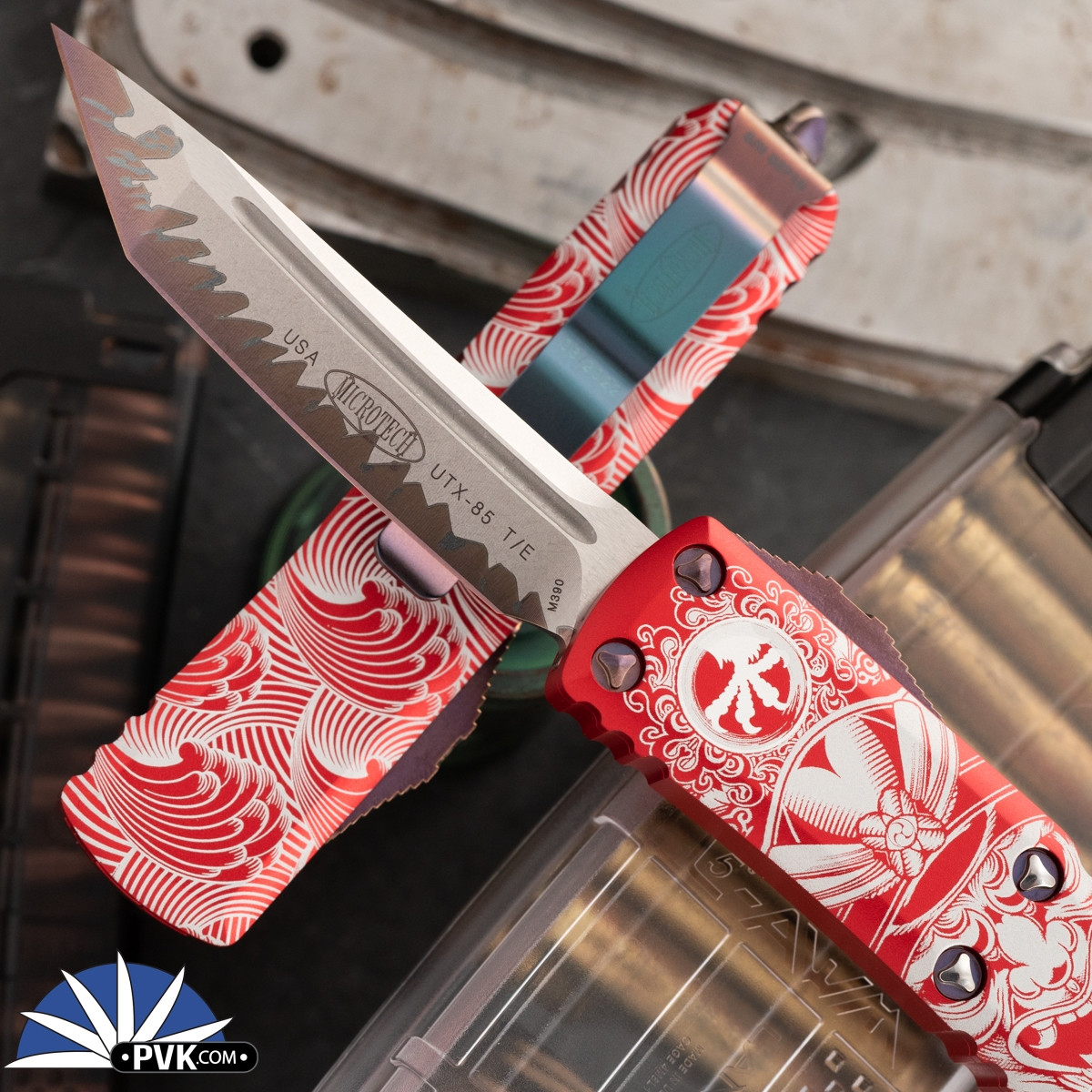 PVK Custom UTX-85 Tanto Laser Hamon, Red Samurai Handle, Sunset